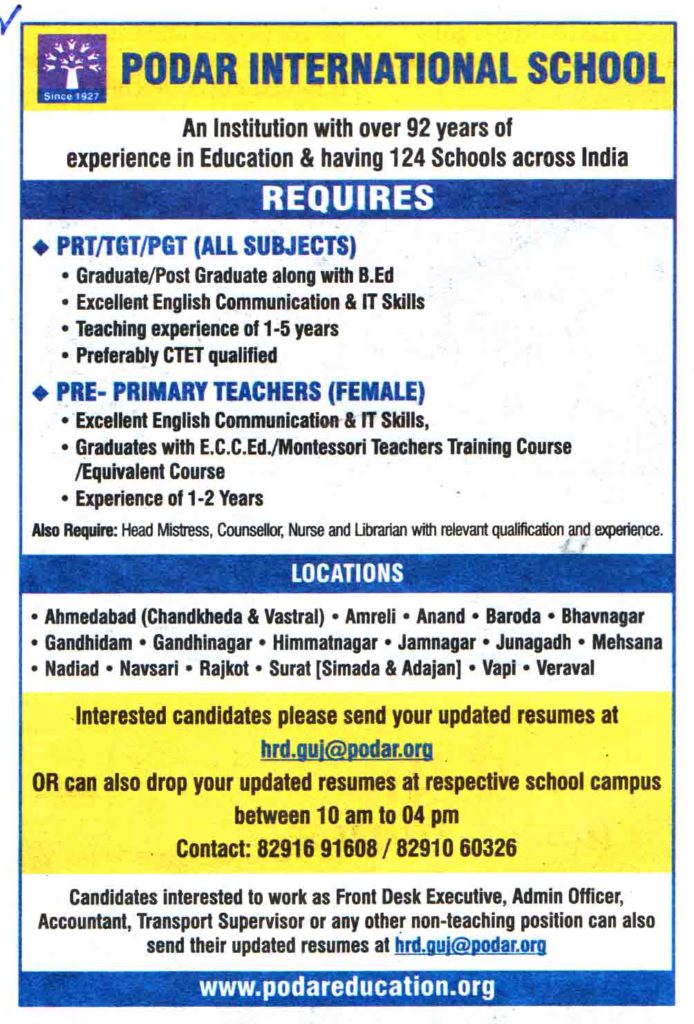 Podar International School, Recruitment 2020, Require Teachers ...