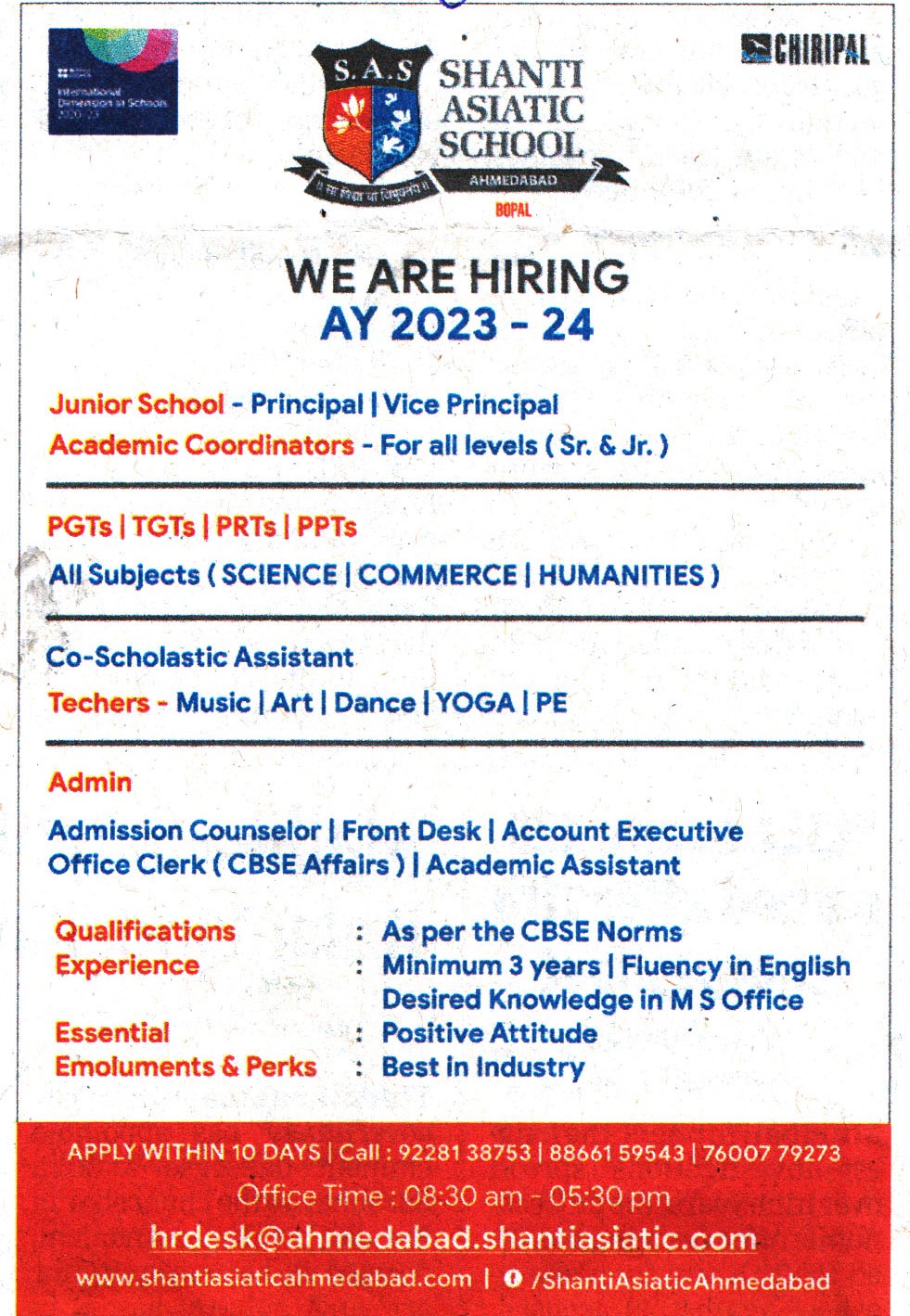 Shanti Asiatic School Bopal Recruitment 2022