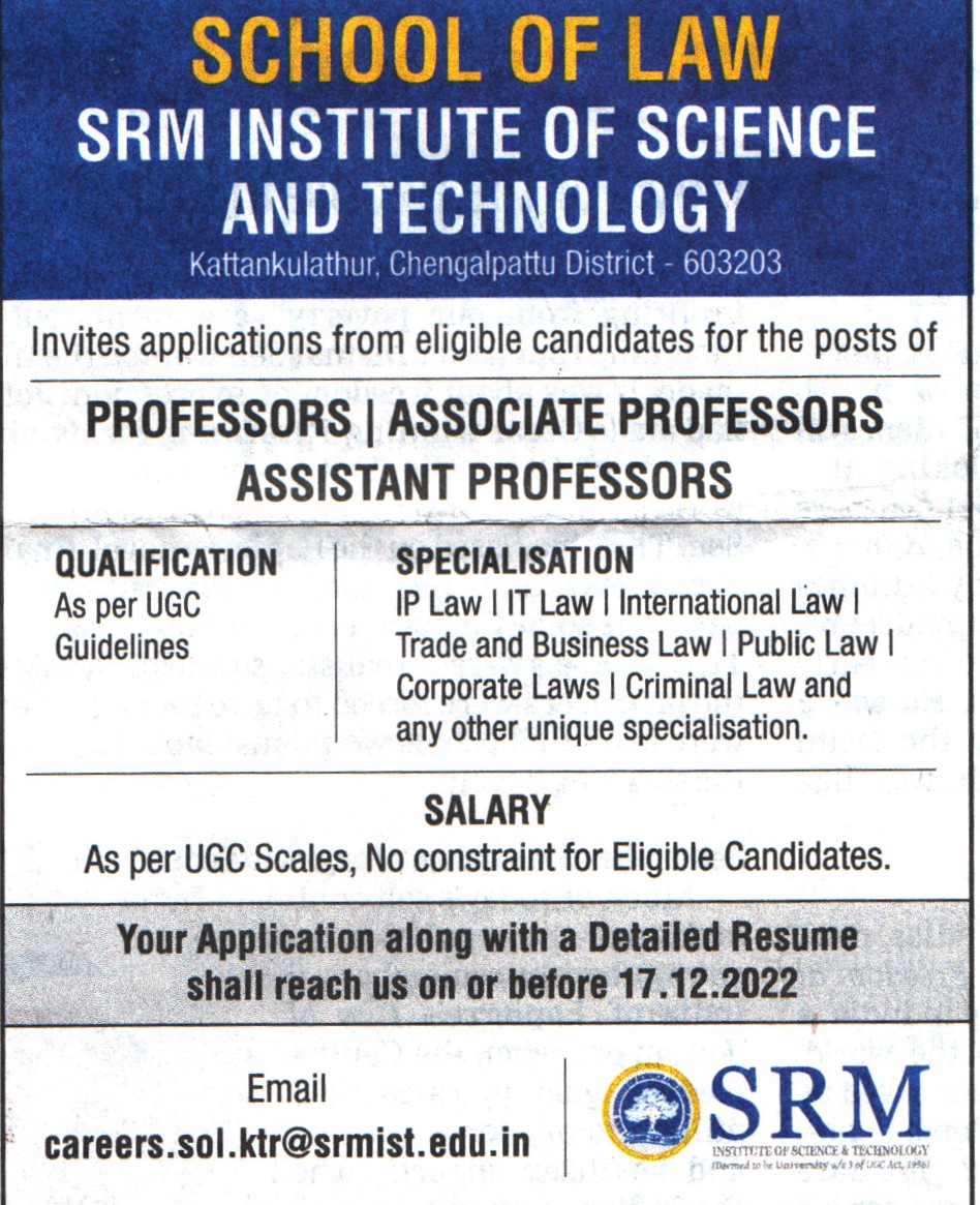 SRM Institute of Science And Technology (SRMIST) Chengalpattu Recruitment 2022