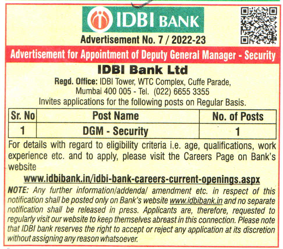 IDBI Bank Ltd Mumbai Recruitment