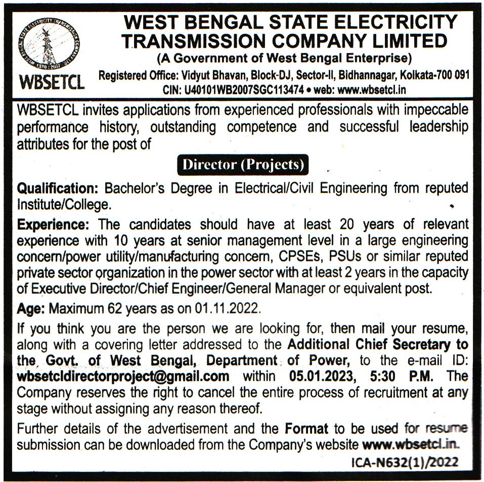 West Bengal State Electricity Transmission Company Limited (WBSETCL) Kolkata Recruitment 2022