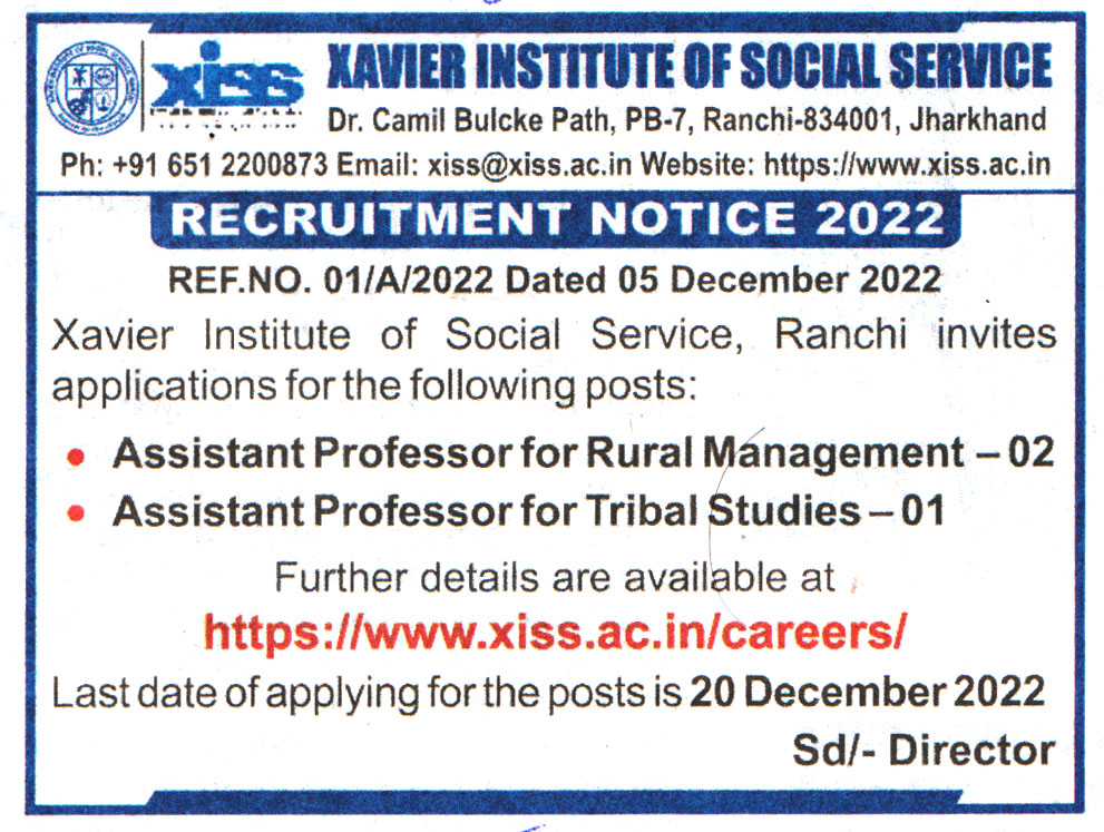 Xavier Institute of Social Service (XISS) Jharkhand Recruitment 2022