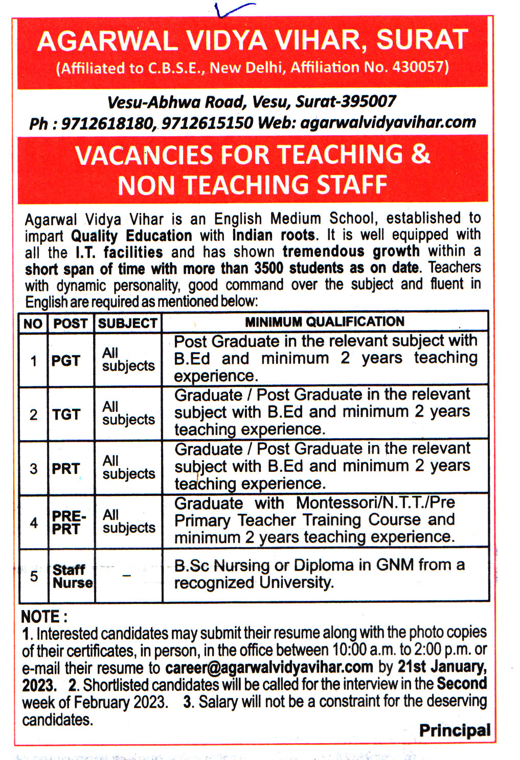 School Jobs Agarwal Vidya Vihar Surat Recrutment 2023