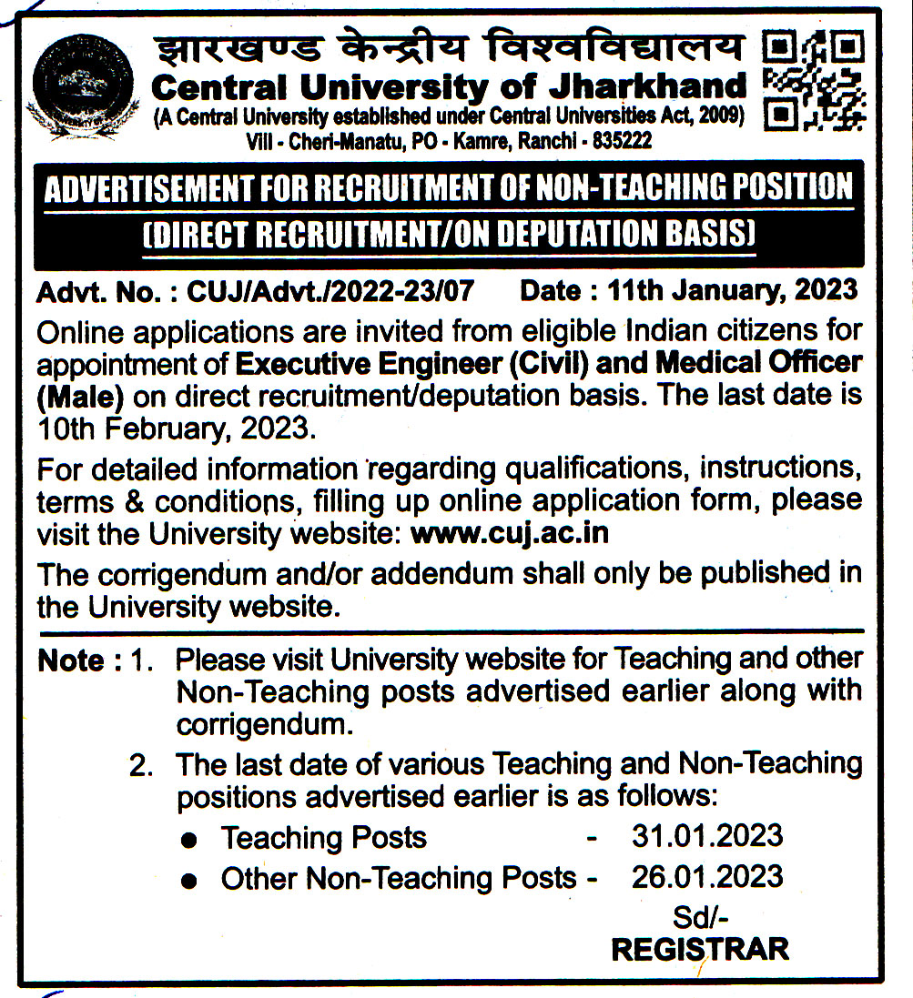 College Jobs Central University of Jharkhand (CUJ) Ranchi Recruitment 2023