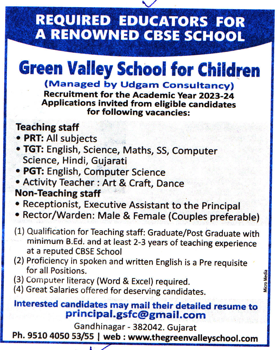 School Jobs Green Valley School Gandhinagar Recruitment 2023