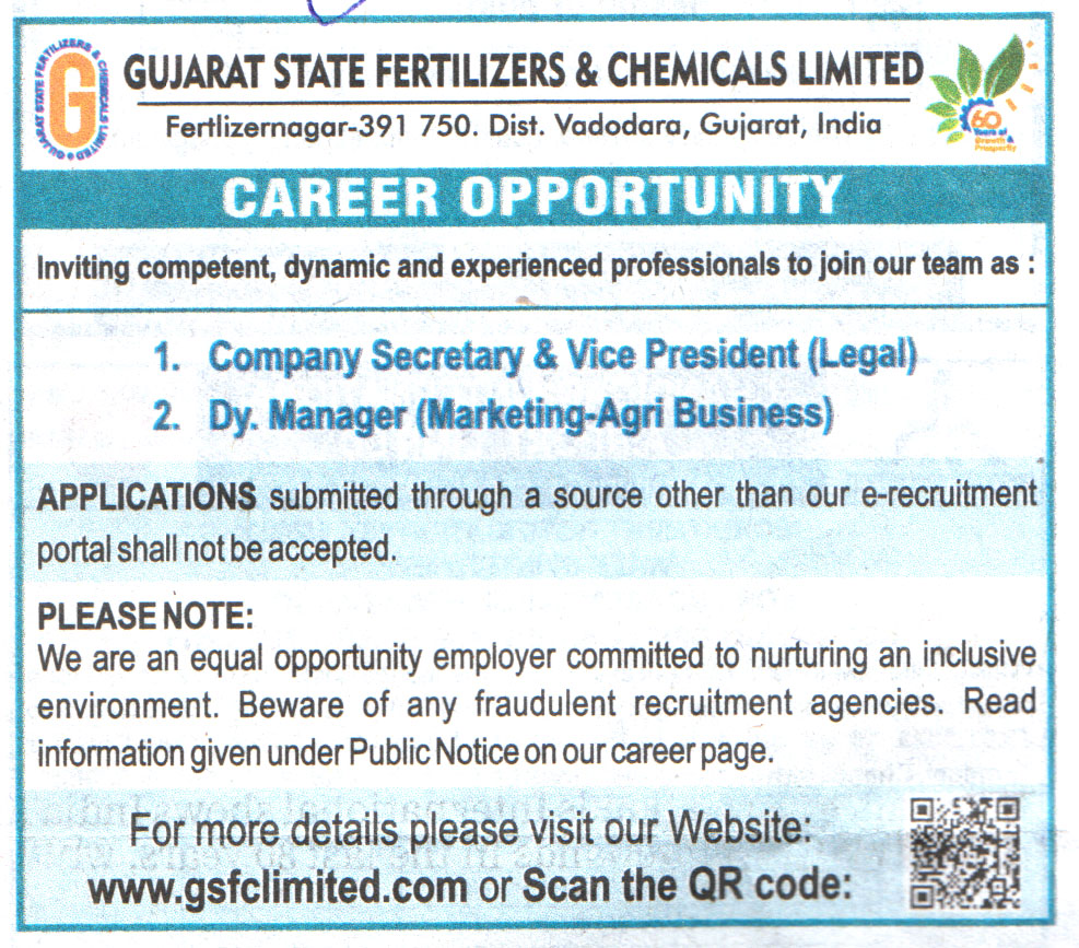 Government Jobs Gujarat State Fertilizers & Chemicals (GSFC) Vadodara Recruitment 2023