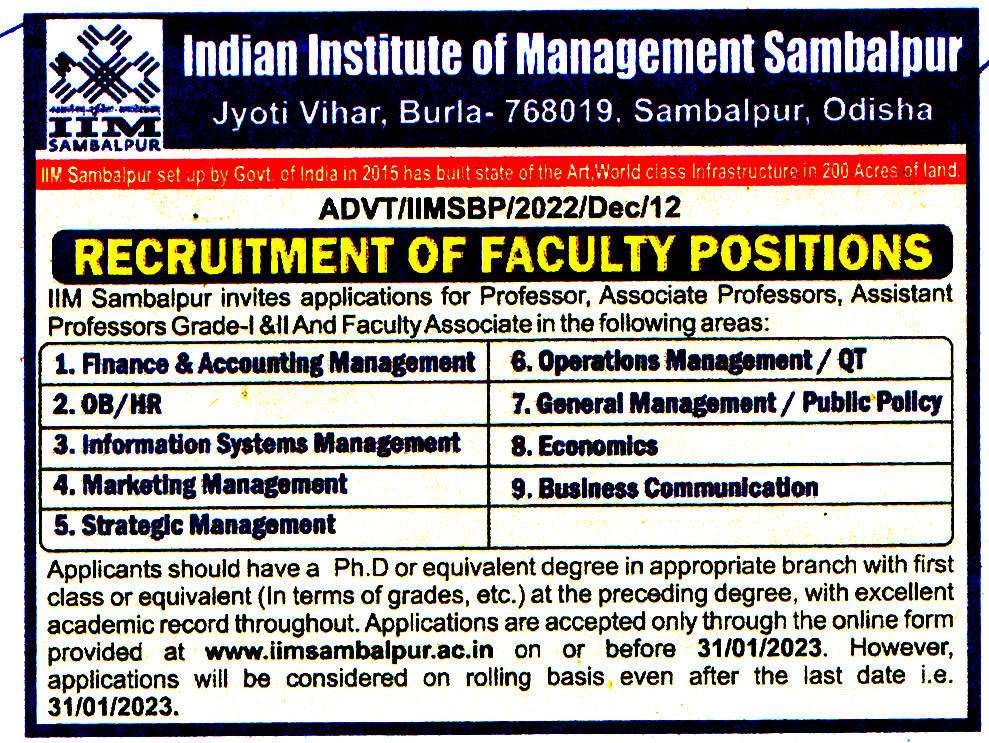 College Jobs Indian Institute of Management (IIM) Sambalpur Recruitment 2023