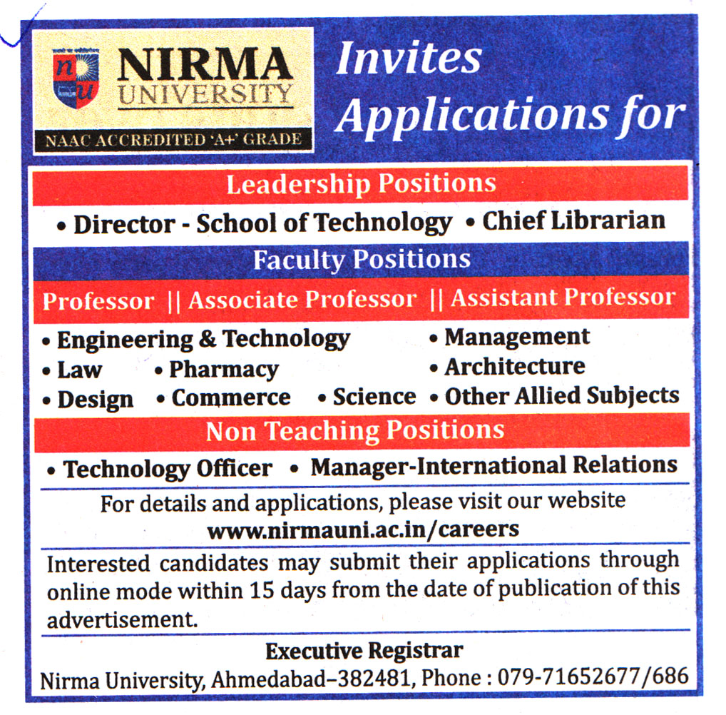 College Jobs Nirma University Ahmedabad Recruitment 2023