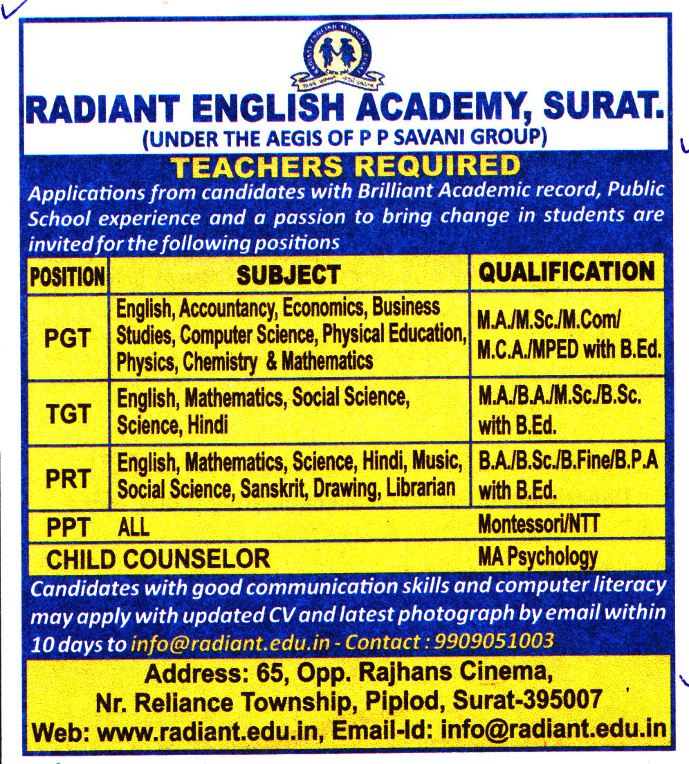 School Jobs Radiant English Academy Surat Recruitment 2023