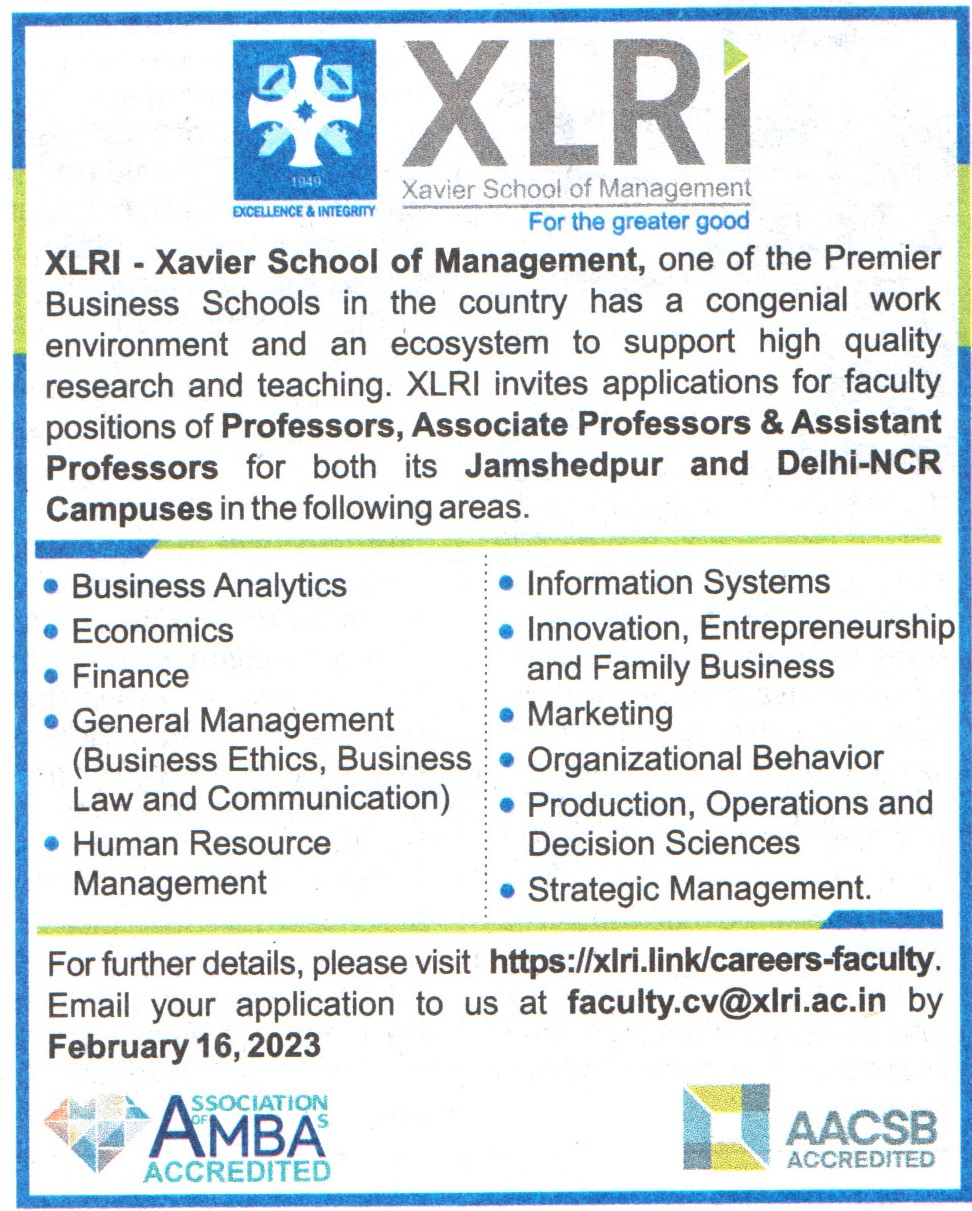 School Jobs XLRI-Xavier School of Management Jamshedpur, Delhi-NCR Recruitment 2023