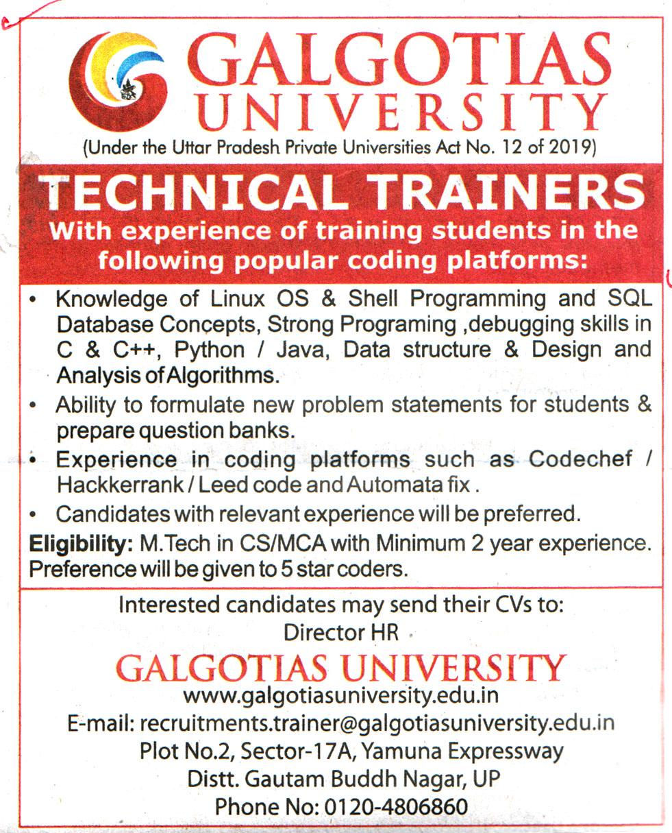 College Jobs Galgotias University Uttar Pradesh Recruitment