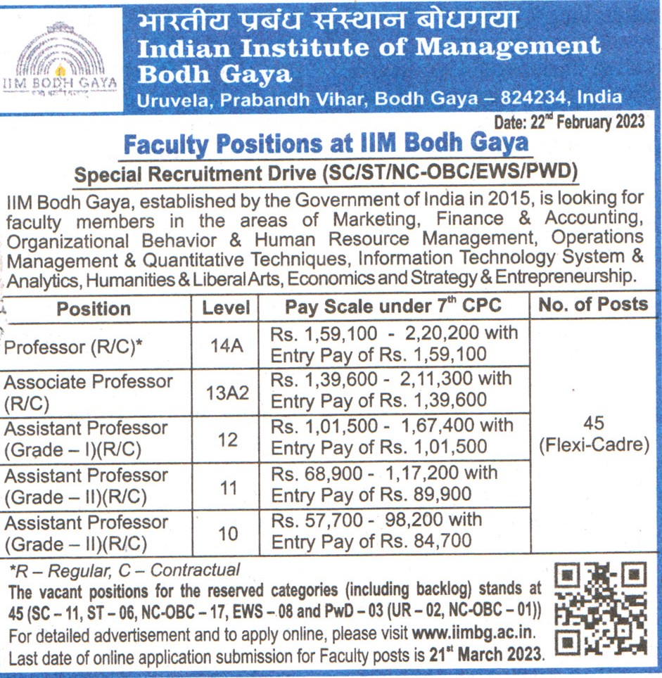 College Jobs Indian Institute of Management (IIM) Bodh Gaya Recruitment