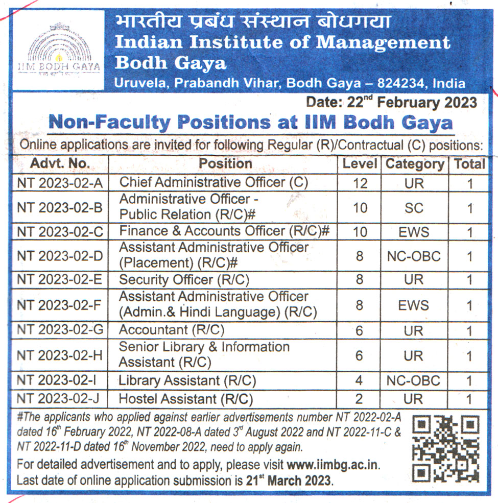 College Jobs Indian Institute of Management (IIM) Bodh Gaya Recruitment