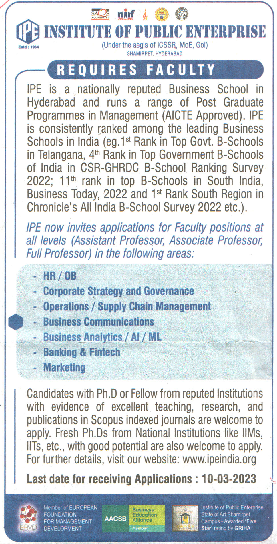 College Jobs Institute of Public Enterprise (IPE) Hyderabad Recruitment