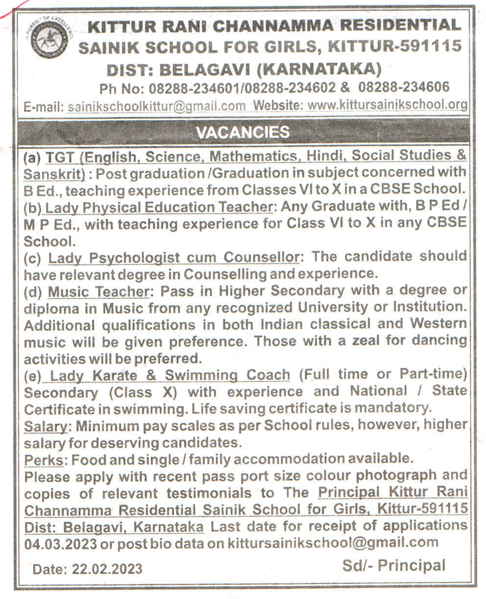 School Jobs Kittur Rani Channamma Residential Sainik School (KRCRSSG) Belagavi Recruitment