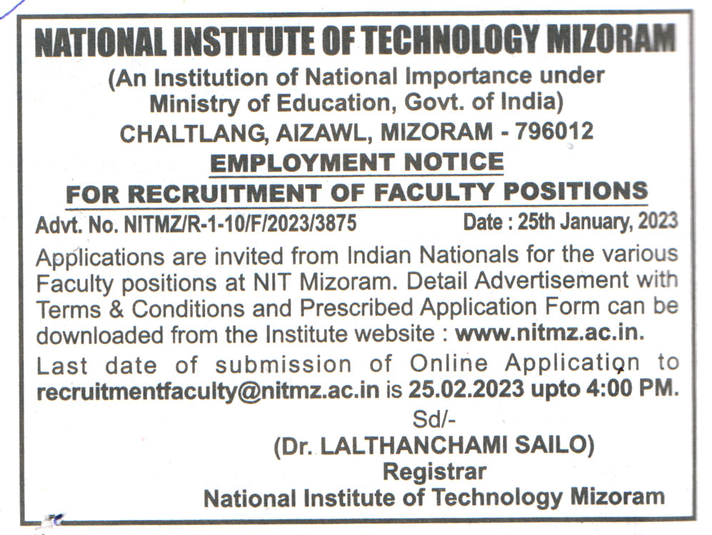 Government Jobs National Institute of Technology (NIT) Mizoram Recruitment