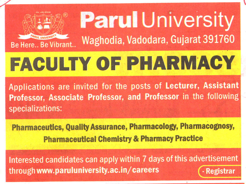 College Jobs Parul University Vadodara Recruitment