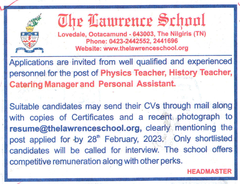 School Jobs The Lawrence School Ootacamund Tamilnadu Recruitment