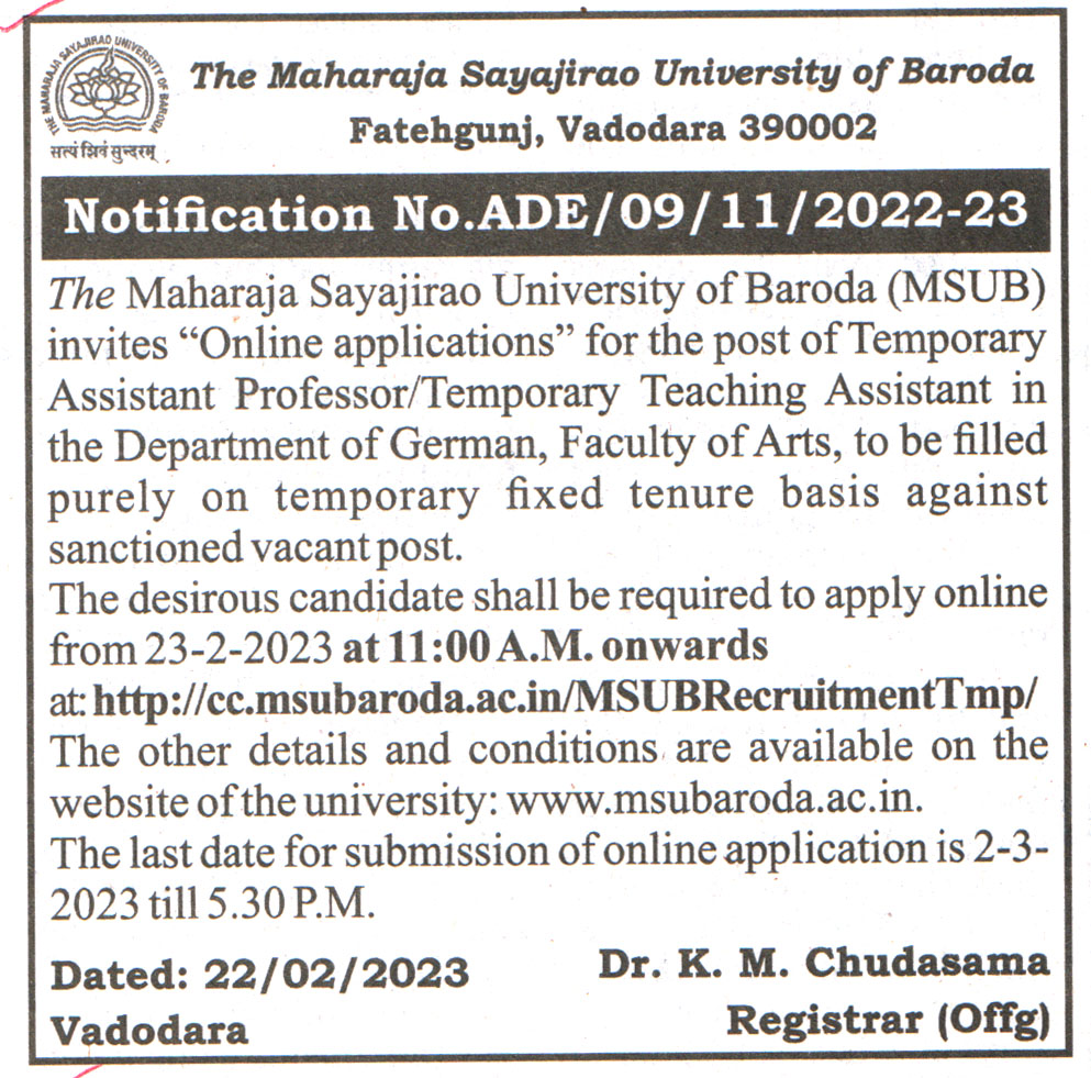 College Jobs The Maharaja Sayajirao University of Baroda (MSUB) Vadodara Recruitment