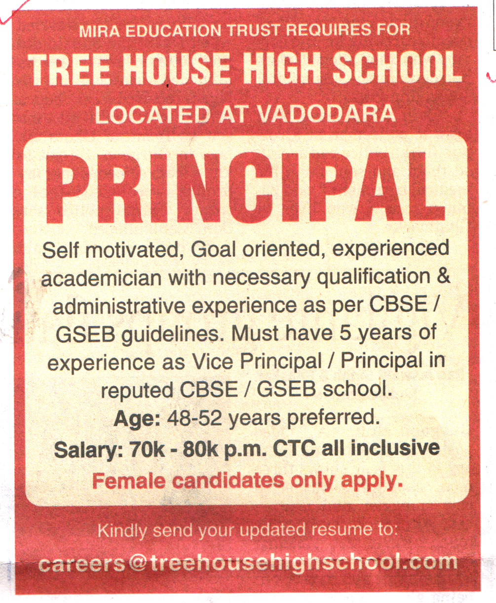 School Jobs Tree House High School Vadodara Recruitment