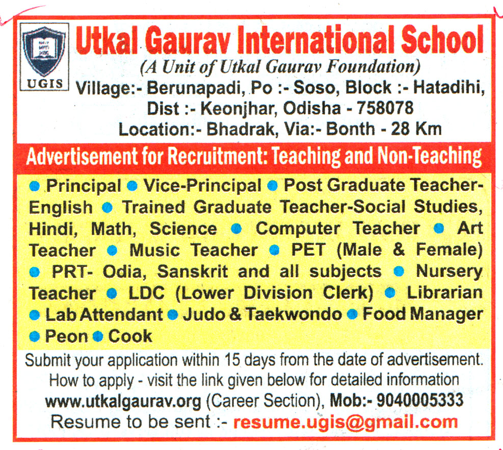 School Jobs Utkal Gaurav International School Odisha Recruitment 