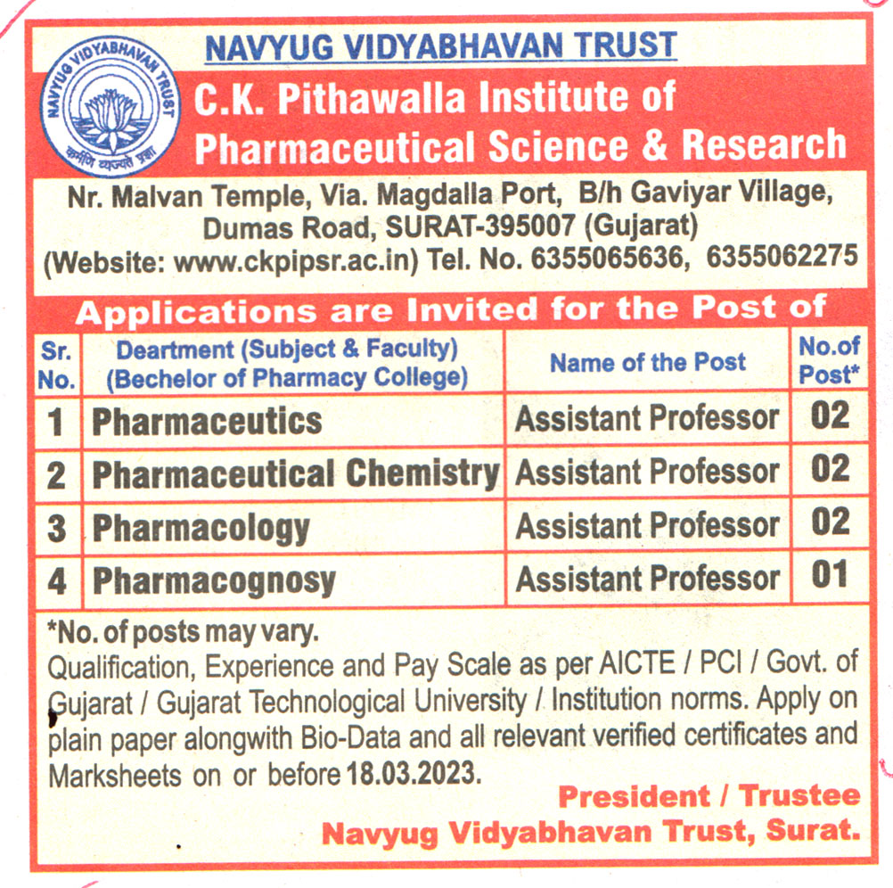 College Jobs C.K. Pithawalla Institute of Pharmaceutical Science & Research (ckpipsr) Surat Recruitment