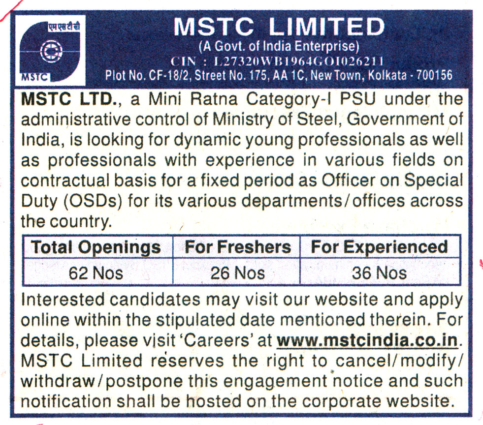 Government Jobs MSTC Limited Kolkata Recruitment 