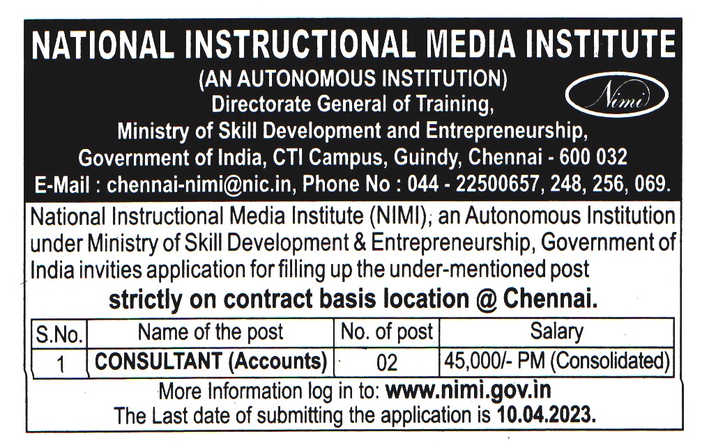 College Jobs National Instructional Media Institute (NIMI) Chennai Recruitment