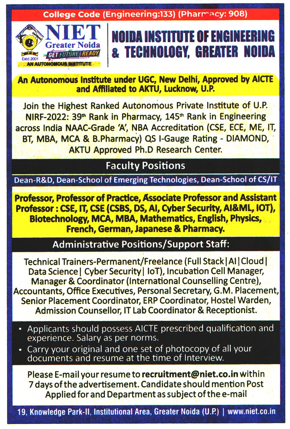 College Jobs Noida Institute of Engineering & Technology (NIET) Greater Noida Recruitment