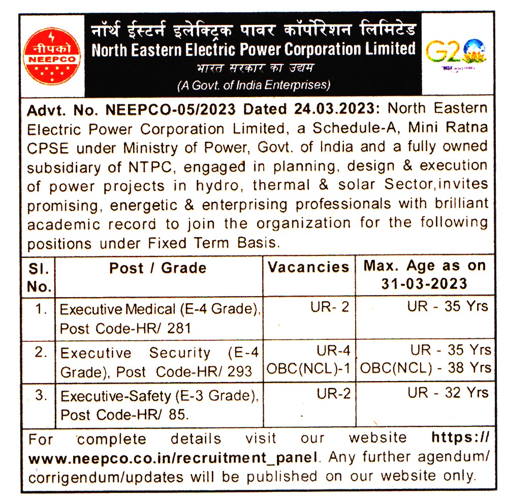 Government Jobs North Eastern Electric Power Corporation (NEEPCO) Recruitment