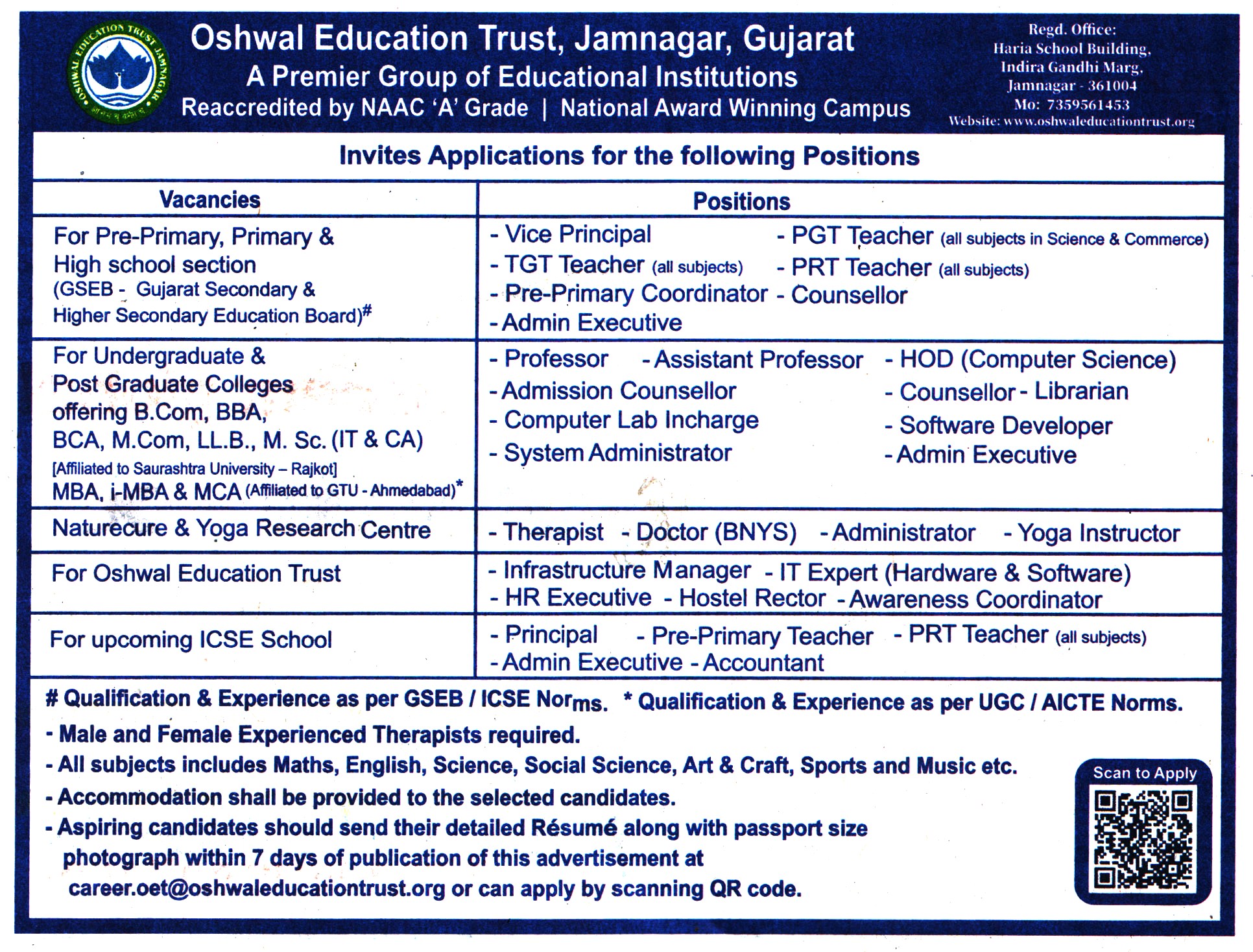 College Jobs Oshwal Education Trust Jamnagar Recruitment