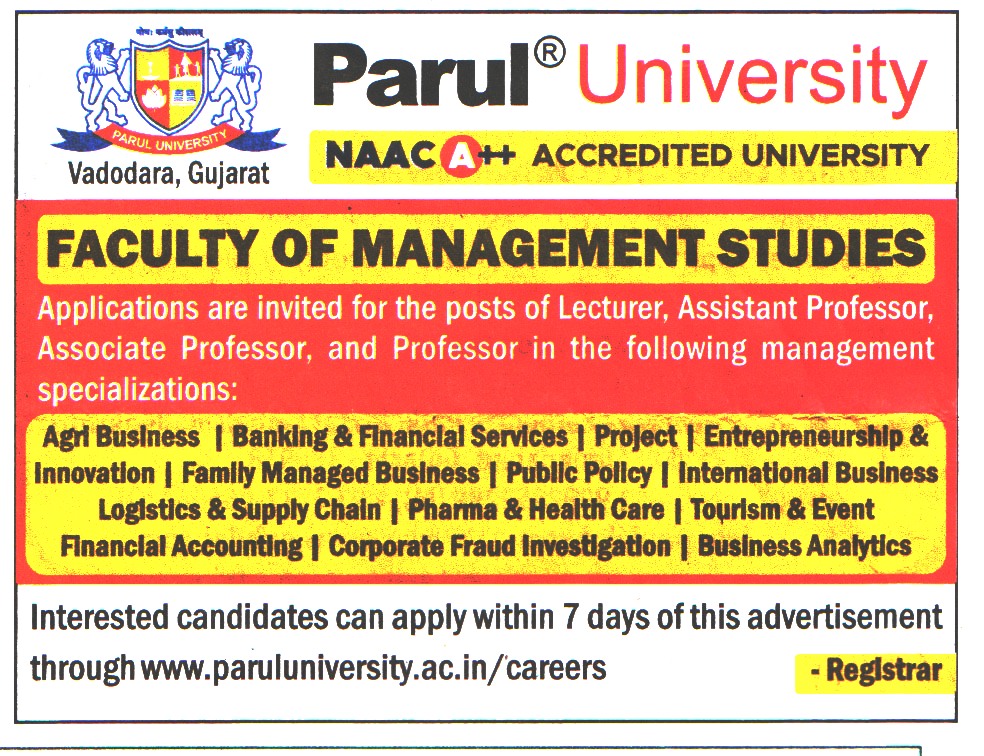 College Jobs Parul University Vadodara Recruitment