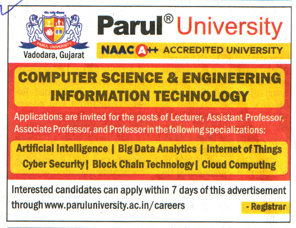 College Jobs Parul University Vadodara Recruitment