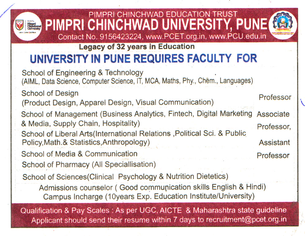 College Jobs PIMPRI Chinchwad University Pune Recruitment