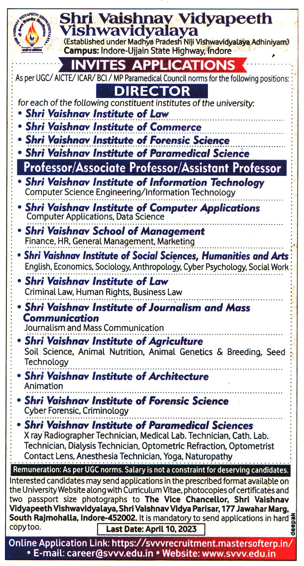 College Jobs Shri Vaishnav Vidyapeeth Vishwavidyalaya (SVVV) Indore Recruitment 