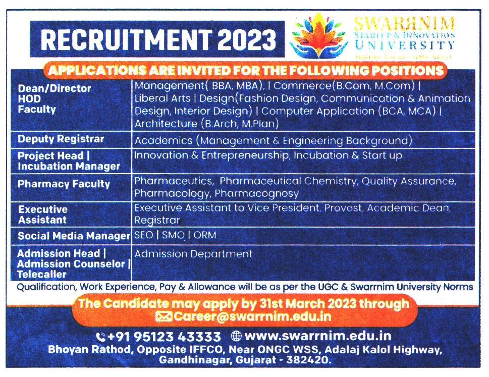 College Jobs Swarrnim University Gandhinagar Recruitment