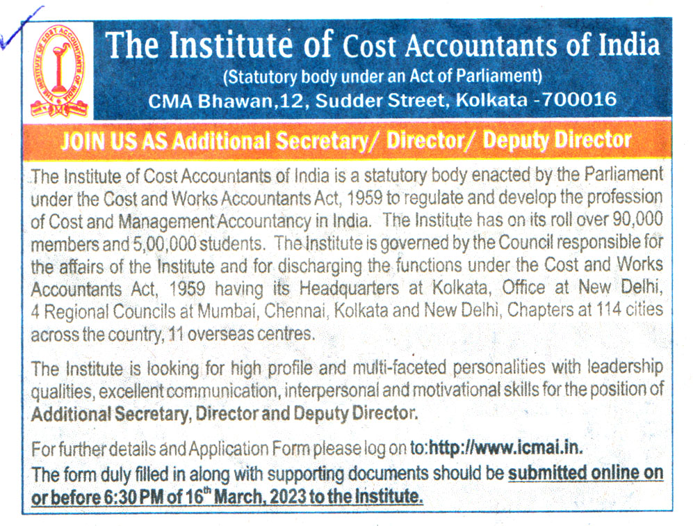 College Jobs The Institute of Cost Accountants Of India (ICMAI) Kolkata Recruitment 2023