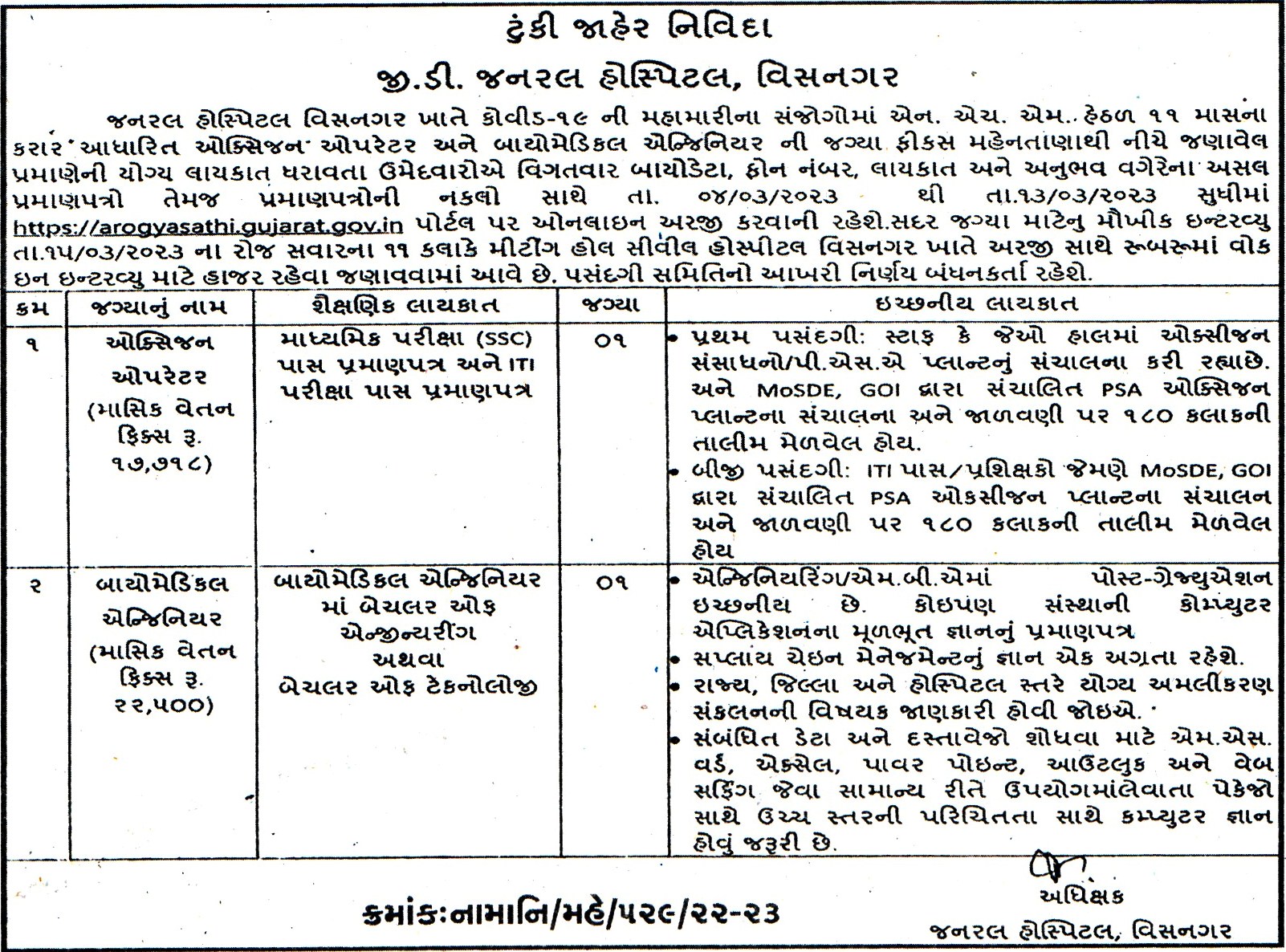 Government Jobs G. D. General Hospital Visnagar Recruitment