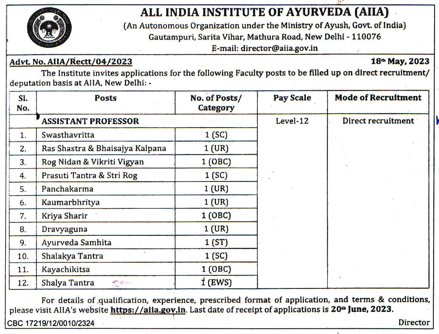 College Jobs All India Institute of Ayurveda (AIIA) New Delhi Recruitment