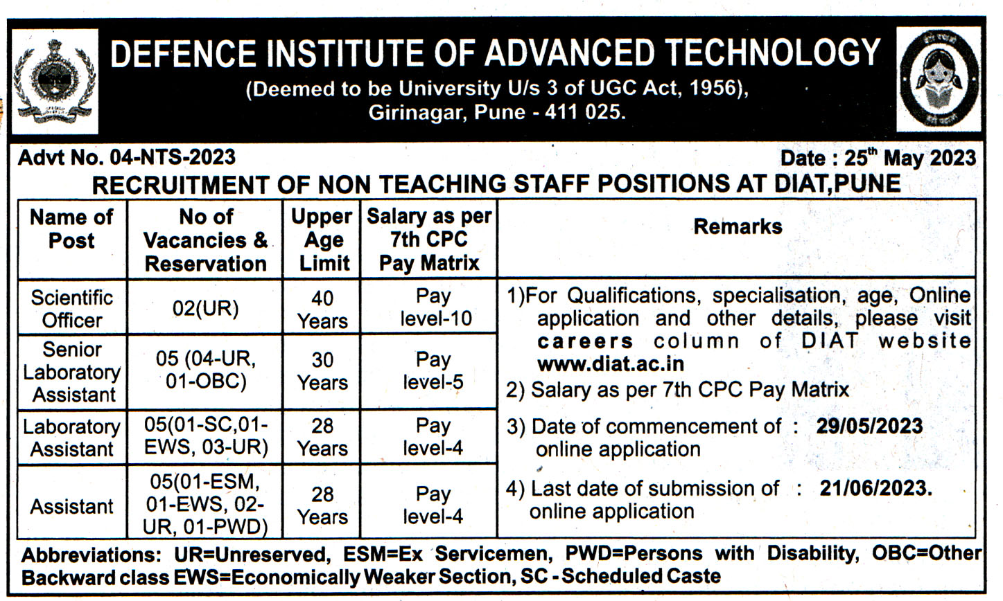 College Jobs Defence Institute of Advanced Technology Pune Recruitment