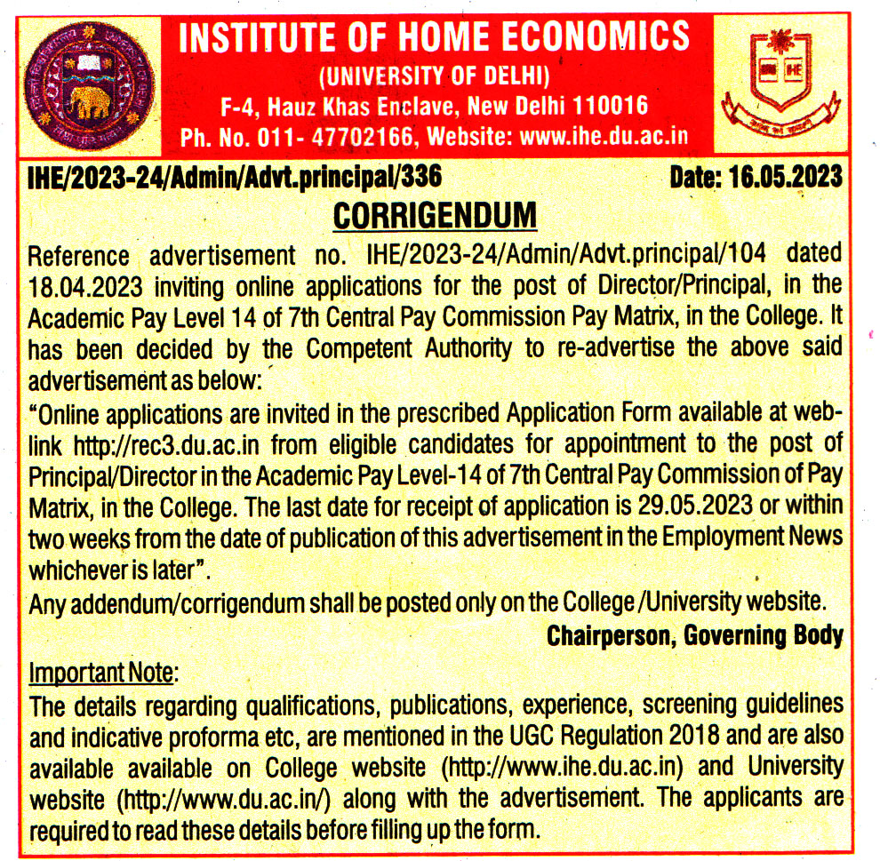 College Jobs Institute of Home Economics New Delhi Recruitment