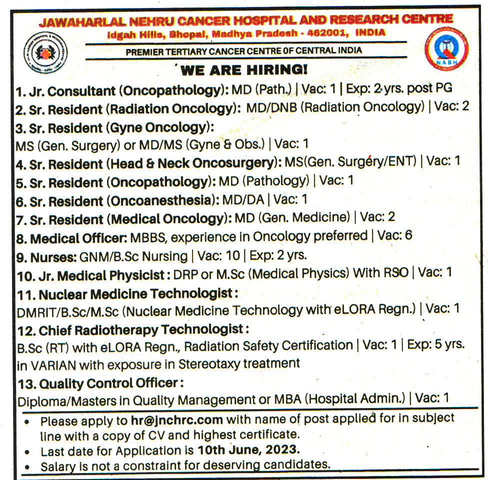 Hospital Jobs Jawaharlal Nehru Cancer Hospital and Research Centre (JNCHRC) Bhopal Recruitment