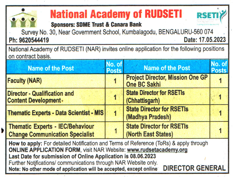 Government Jobs National Academy of Rudseti (NAR) Bengaluru Recruitment