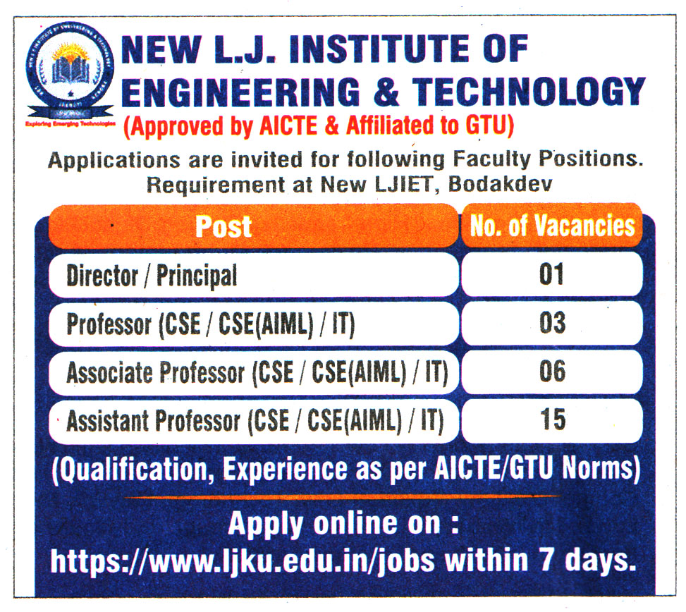 College Jobs New LJ Institute of engineering & Technology (NLJIET) Bodakdev Recruitment