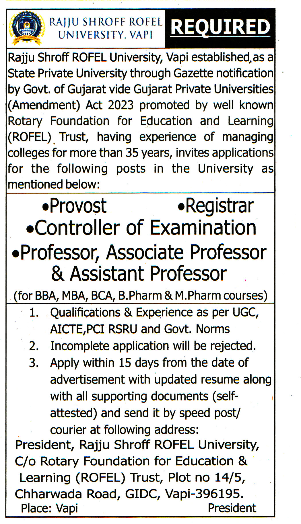 College Jobs Rajju Shroff Rofel University Vapi Recruitment