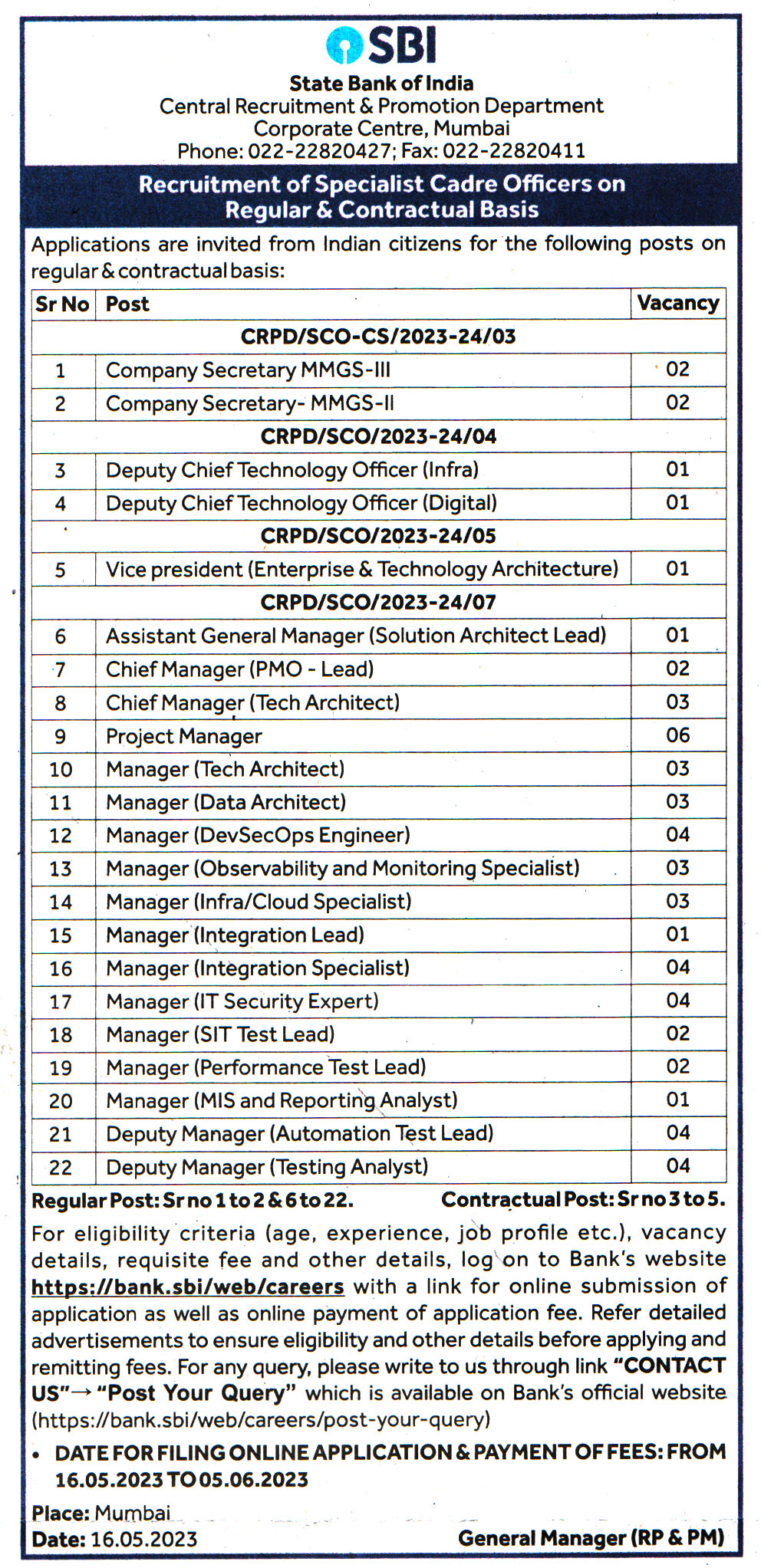 Bank Jobs State Bank of India (SBI) Mumbai Recruitment