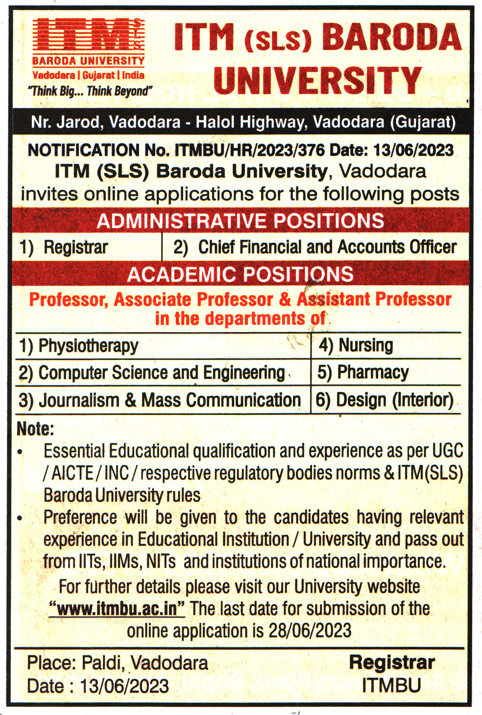 College Jobs ITM Baroda University Vadodara Recruitment