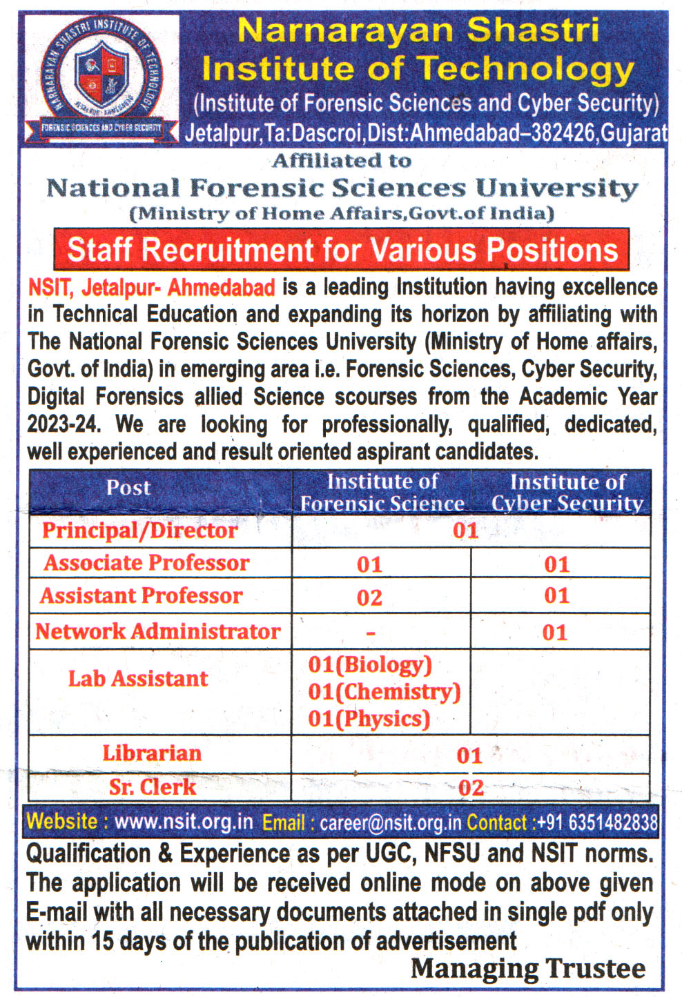 School Jobs Narnarayan Shastri Institute of Technology (NSIT) Jetalpur Ahmedabad Recruitment 