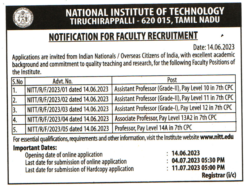 College Jobs National Institute of Technology (NIT) Tiruchirappalli Recruitment