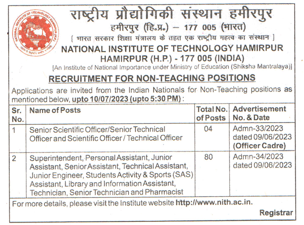 College Jobs National Institute of Technology (NIT) Hamirpur Recruitment